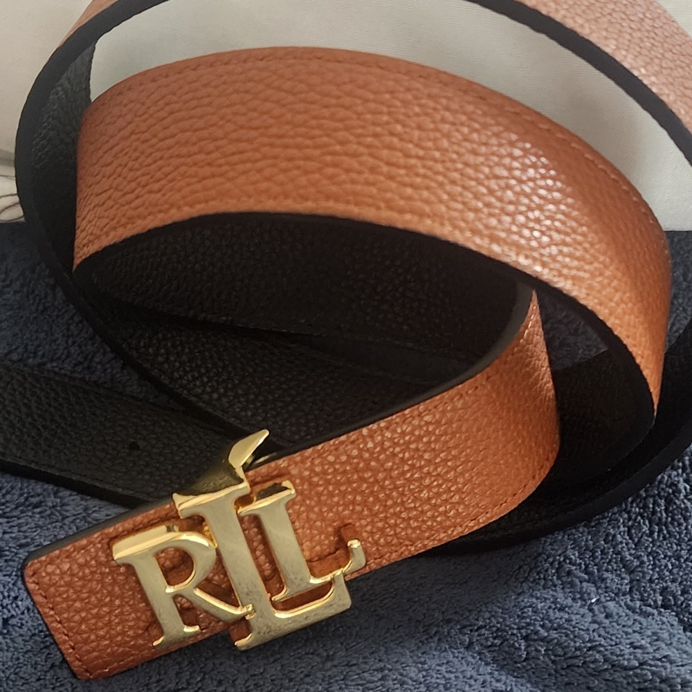 Ralph Lauren Black and Tan Leather Belt with Signature RL Buckle